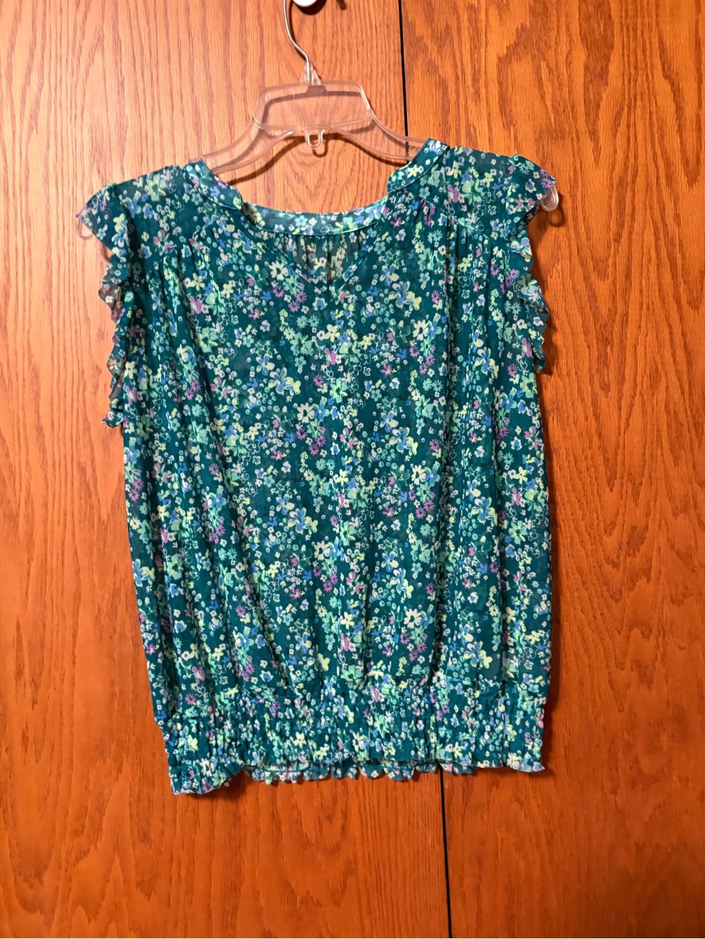 Justice Girls Teal Ditsy Floral Mesh Peasant Blouse Top - Size XL 16/18